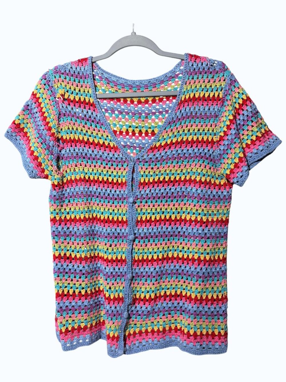 Hand-knit Rainbow Yarn Short Sleeve Cardigan